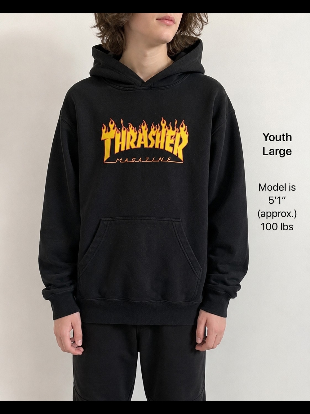 Thrasher Black Hoodie with Flames Size Youth Large